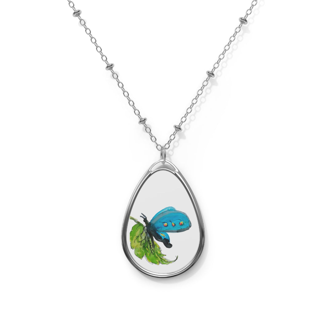 BUTTERFLY BLUES - Oval Necklace - Silver Pendant